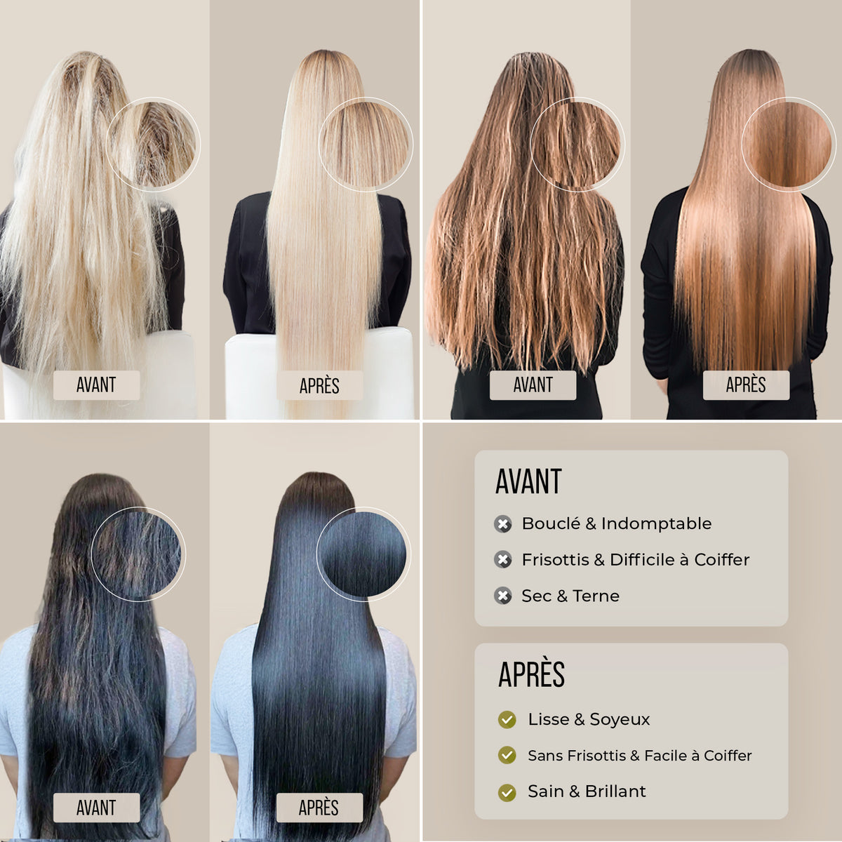 Comparaison avant-après sur trois types de cheveux : crépus, rebelles et ternes avant – lisses, sans frisottis et brillants après le lissage kératine
