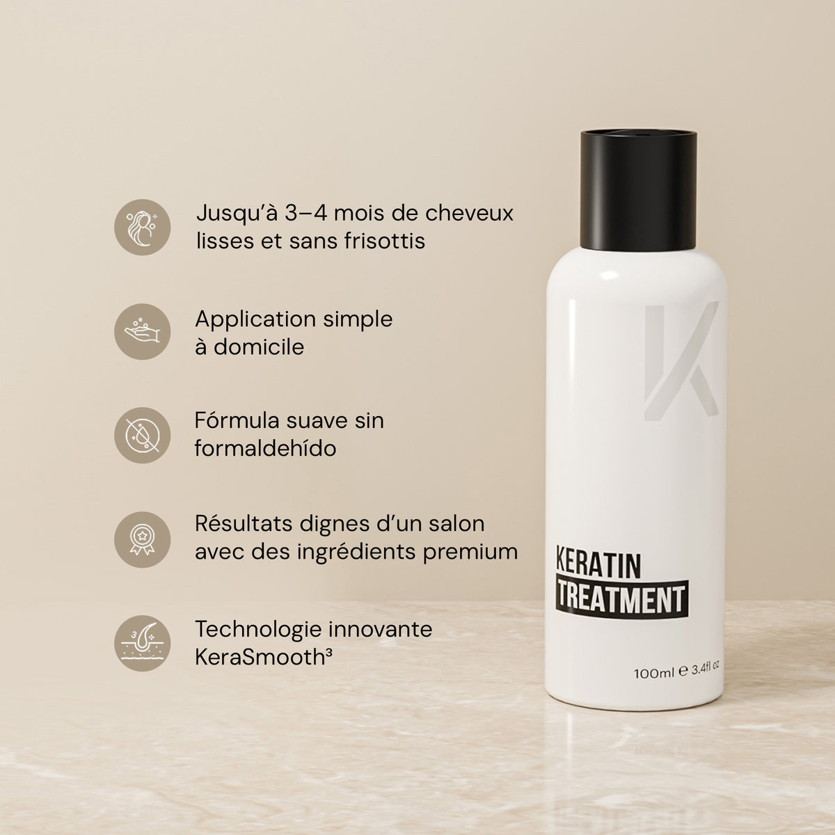 KERAZUL® Keratin Treatment 100 ml et ses cinq avantages : jusqu'à 3–4 mois de cheveux lisses sans frisottis, application facile à la maison, formule sans formaldéhyde, qualité salon et technologie KeraSmooth³