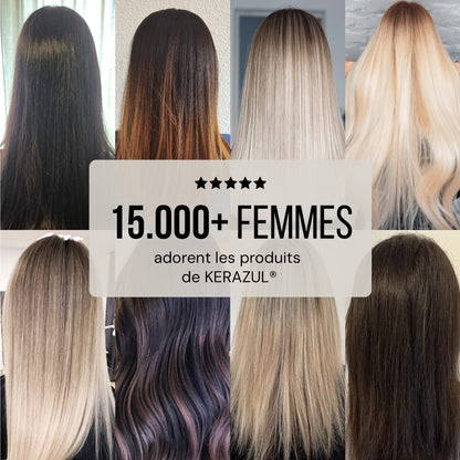 Huit photos de clientes aux cheveux lisses avec cinq étoiles : plus de 15 000 femmes adorent les produits KERAZUL®